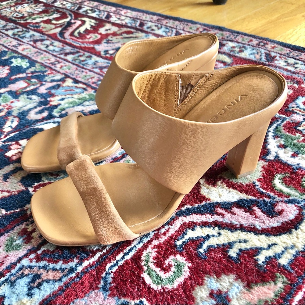 Vince Quinn Tan Leather Suede Mule Heeled Sandal